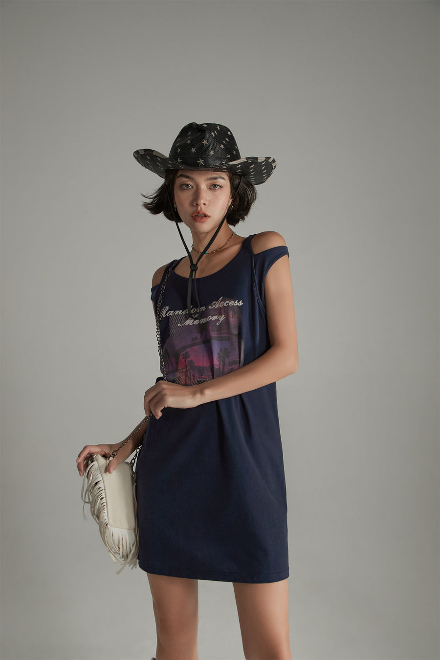 CHUU Random Access Memory Off The Shoulder Printed T-Shirt Dress