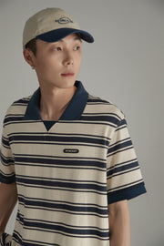 Retro Collar Stripe Short Sleeve T-Shirt