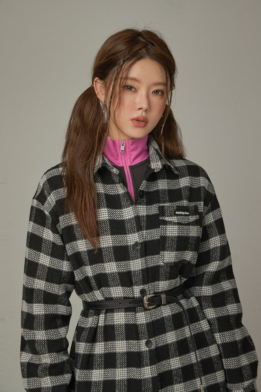 CHUU Check Long Button Coat