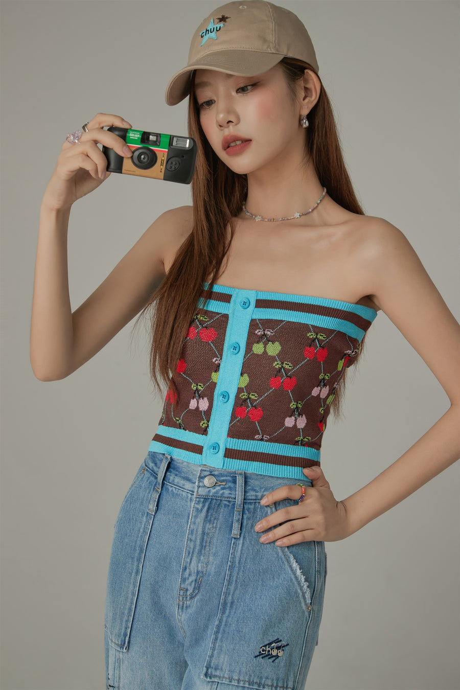 CHUU Cherry Argyle Colored Knit Tube Top