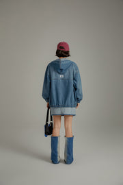 Embroidered Letter Denim Hooded Jacket