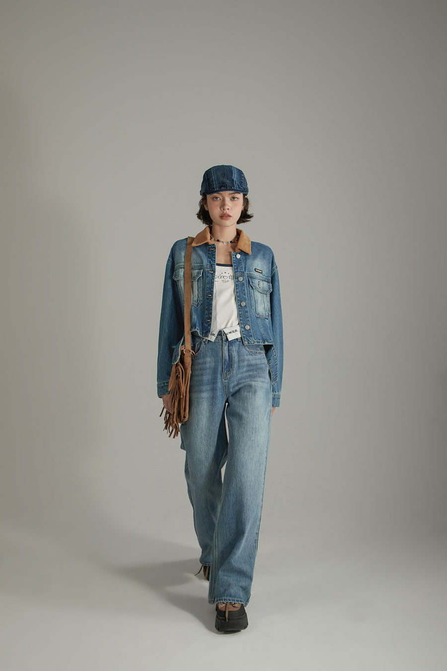 CHUU Folded Basic Washed Wide Denim Jeans