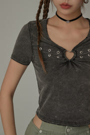 Metal Heart Keyhole Short Sleeve Top