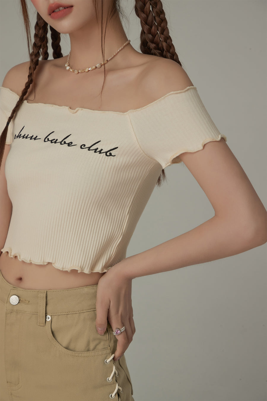 CHUU Chuu Babe Club Ruffled Off-The-Shoulder T-Shirt