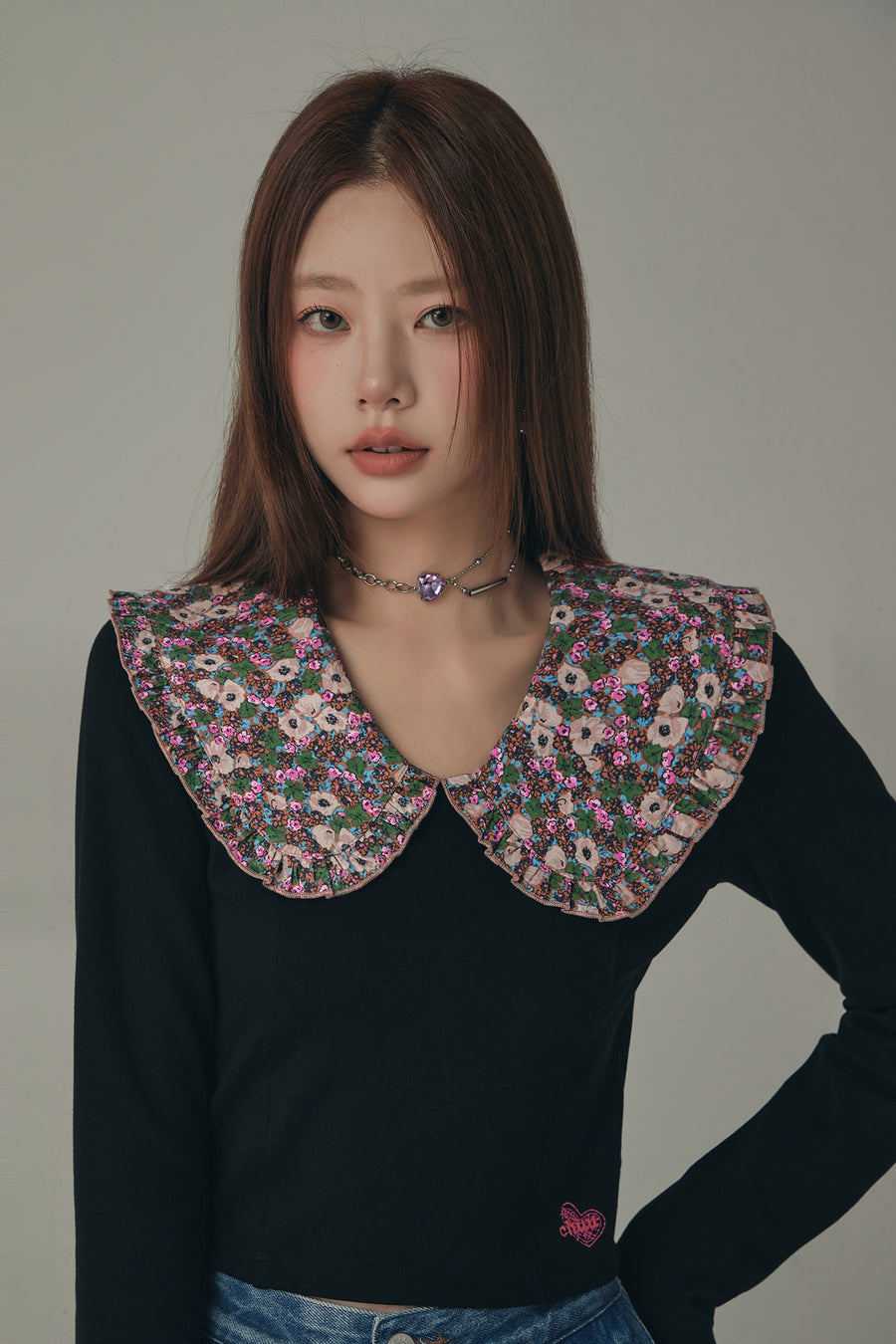 CHUU Flower Floral Collar Long Sleeved T-Shirt