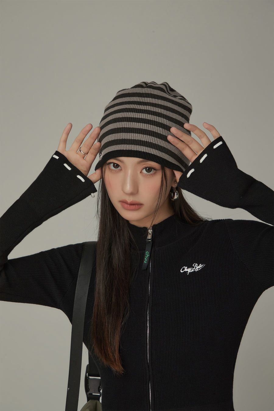 CHUU Waffle Knit Striped Beanie