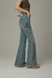 Bow Design Frayed Hem Bootcut Denim Jeans