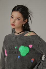 Size Doesnt Matter Open Shoulder Color Hearts Cropped T-Shirt