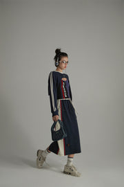 Vintage Distressed Colorblocked Drawstring Letter Embroidered Long Skirt