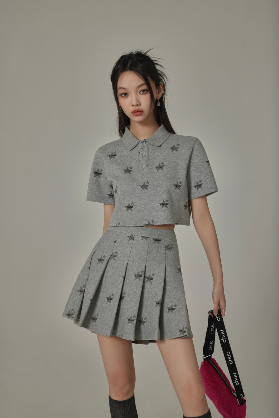 CHUU Chuu Star Pattern Button Up Collar Cropped T-Shirt