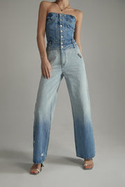 Tube Top Multi Buttons Denim Jumpsuit