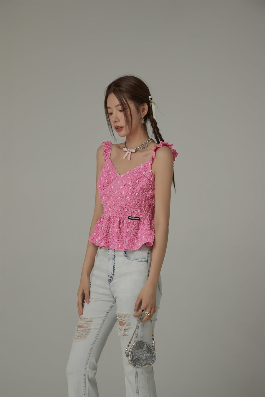 CHUU Ruffled Straps Sleeveless Polka Dot Peplum Blouse