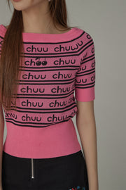 Cherry One Word Short Sleeved Knitted Slim Sweater