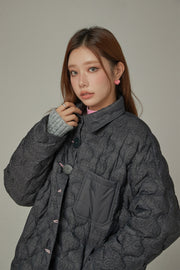 Lettering Quilted Padded Button Jacket