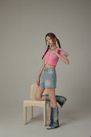 Rainbow Button Raw Hem Cropped T-Shirt