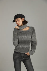 Front Cut Out High Neck Knit Sweater