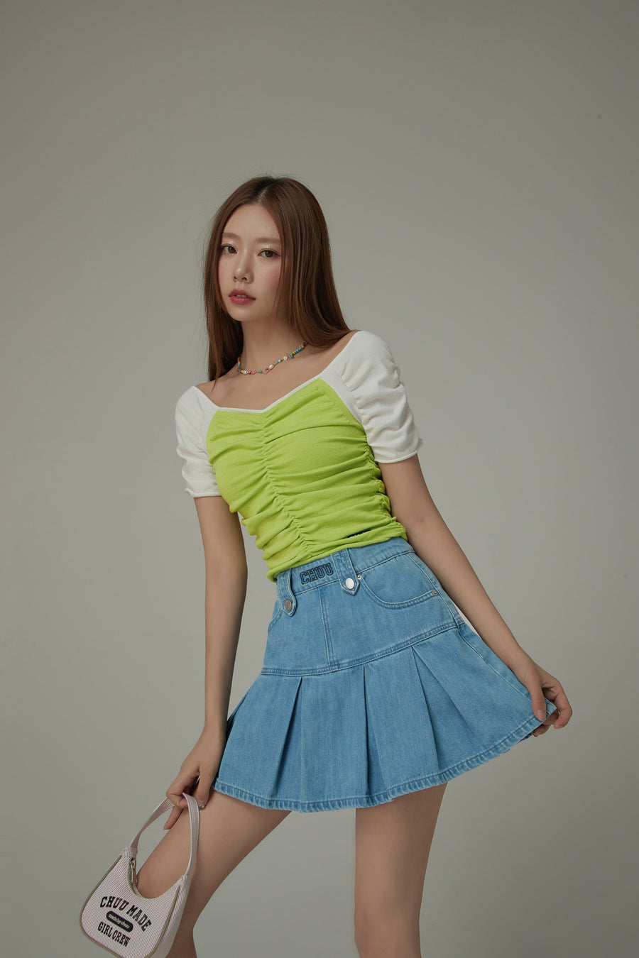 CHUU Off The Shoulder Shirred Knit Top