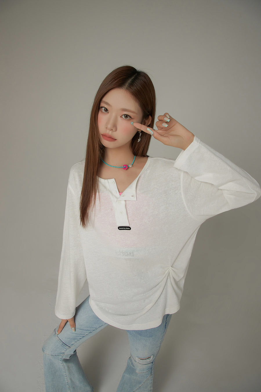 CHUU Button Side Shirring Basic T-Shirt