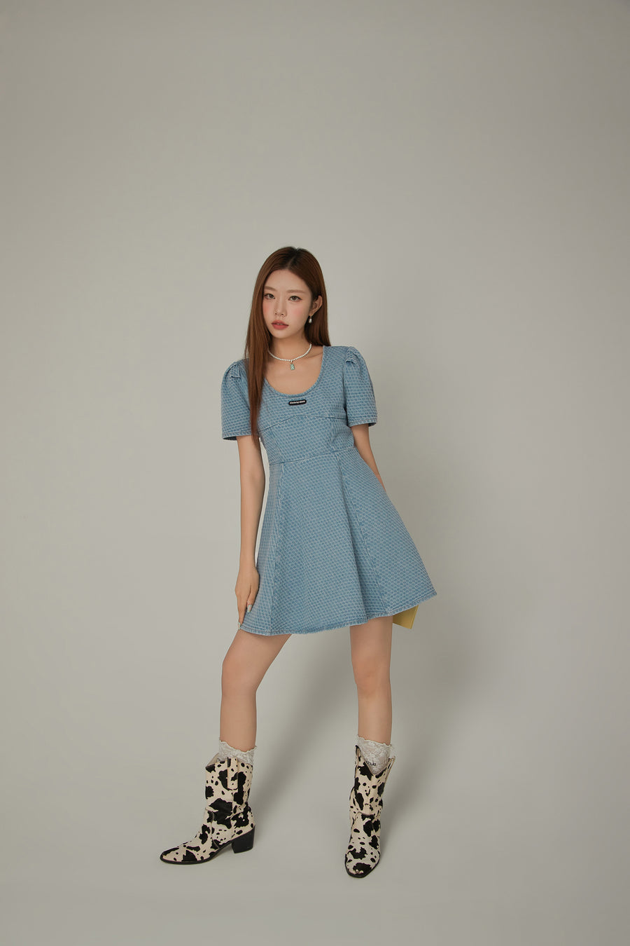 CHUU Puff Sleeve Denim Mini Dress