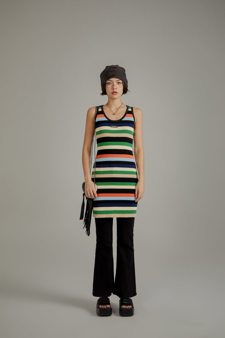 CHUU Color Contrast Striped Sleeveless Knit Dress