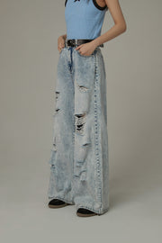 Distressed Straight Wide-Leg Denim Jeans