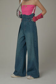 Ultra High Waist Pintuck Wide Denim Jeans