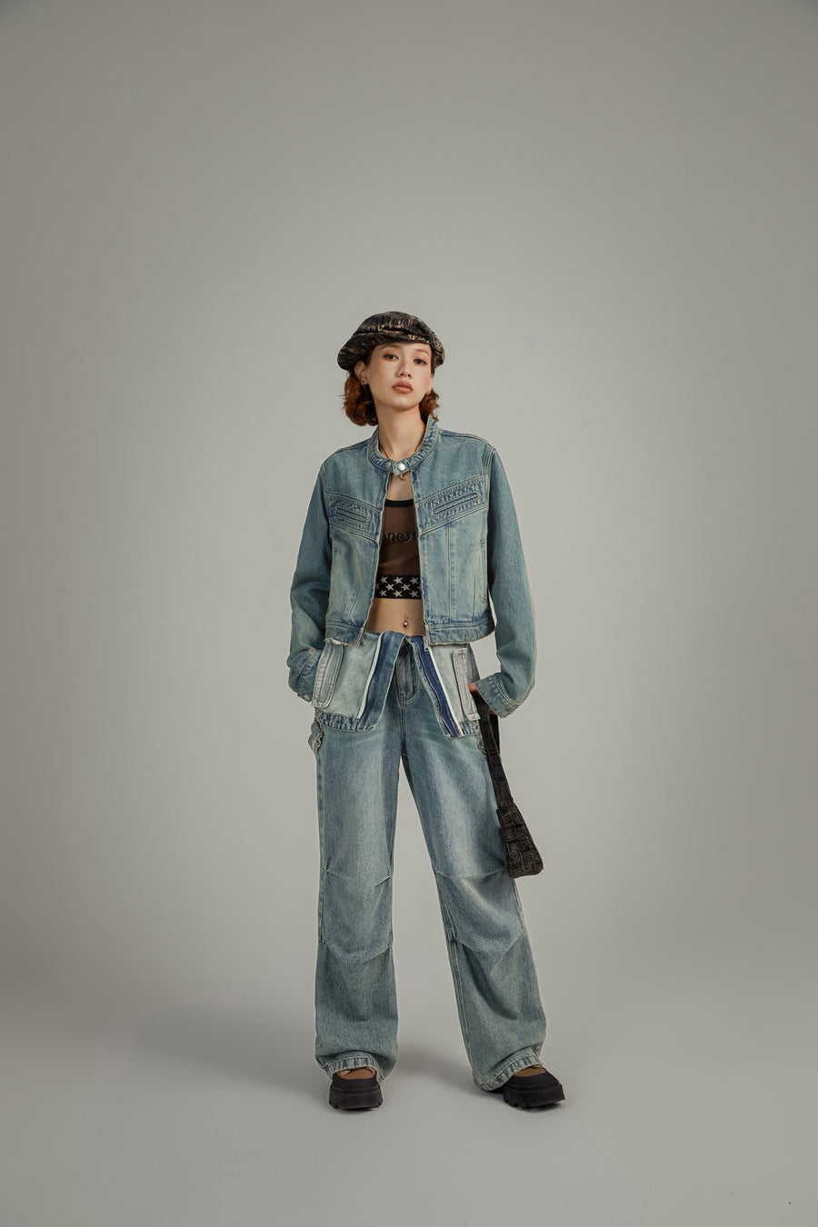 CHUU Neck Button Washed Denim Jacket