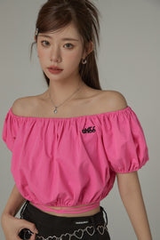 Off The Shoulder Puffy Cropped Tie Blouse