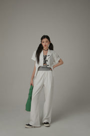 Contrast Letter High Waist Banded Wide Pants