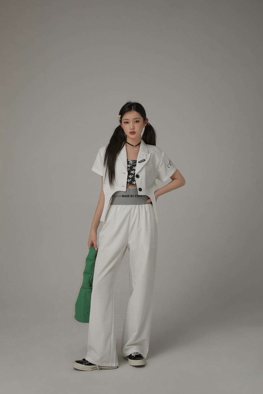 CHUU Contrast Letter High Waist Banded Wide Pants