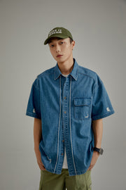 Distressed Embroidered Denim Short Sleeve Shirt