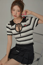 Stripe Ribbon Keyhole Knit Top