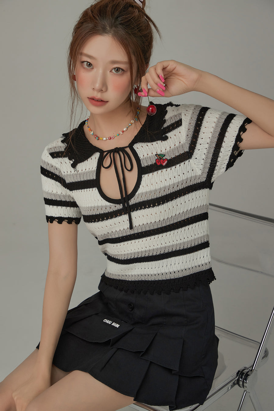 CHUU Stripe Ribbon Keyhole Knit Top