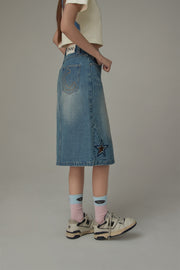 Hollow Star Washed Denim Medium Length Skirt