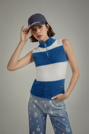 Half Zip-Up Color Stripe Sleeveless Top