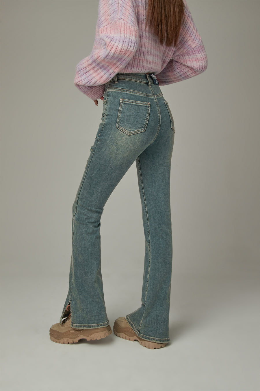 CHUU Washed Ripped Bootcut Denim Jeans