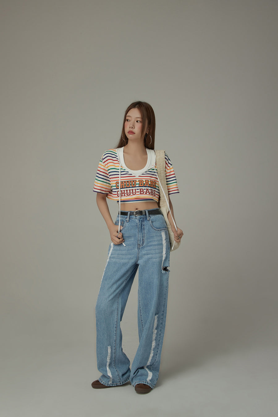 CHUU Rainbow Line Banding Open Back Sleeveless Crop Top