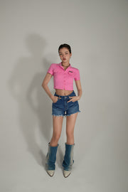 Colored Pocket Cropped Button Shirt