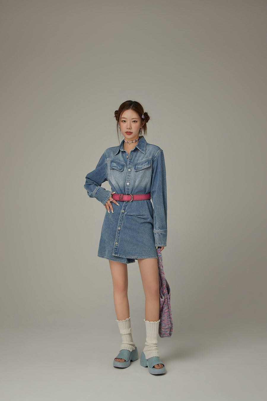 CHUU Unbalanced Denim Long Sleeve Dress