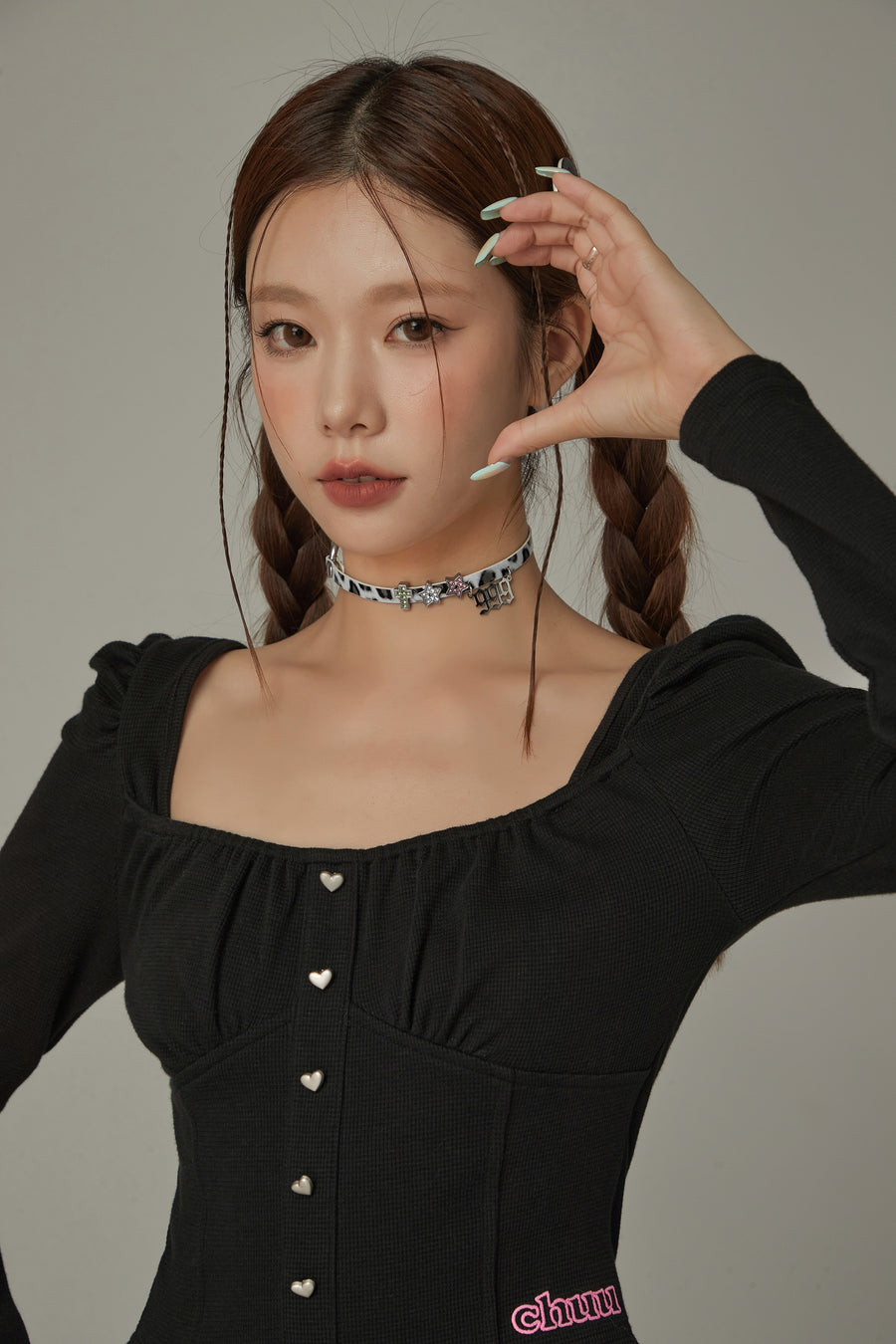 CHUU Heart Buttons Square Puff Sleeve Top