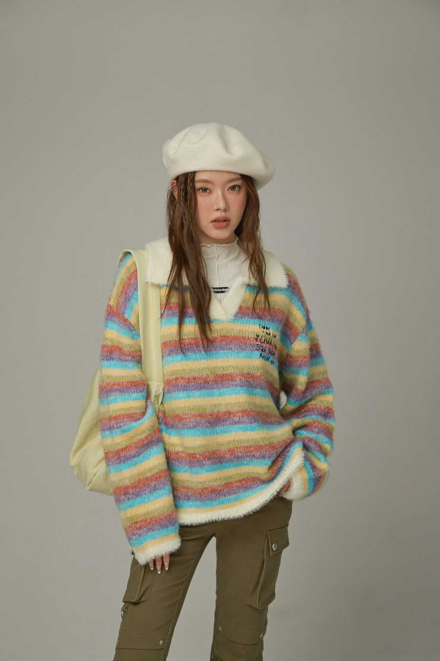 CHUU Collar Rainbow Stripe Knit Sweater