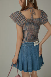 Side Garter Check Buttoned Blue Blouse