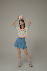 Polo Neck Color Blocked Multi-Color Pixel Block Pattern Knit Top