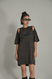 Vintage Open Shoulders Mini Loose Fit T-Shirt Dress