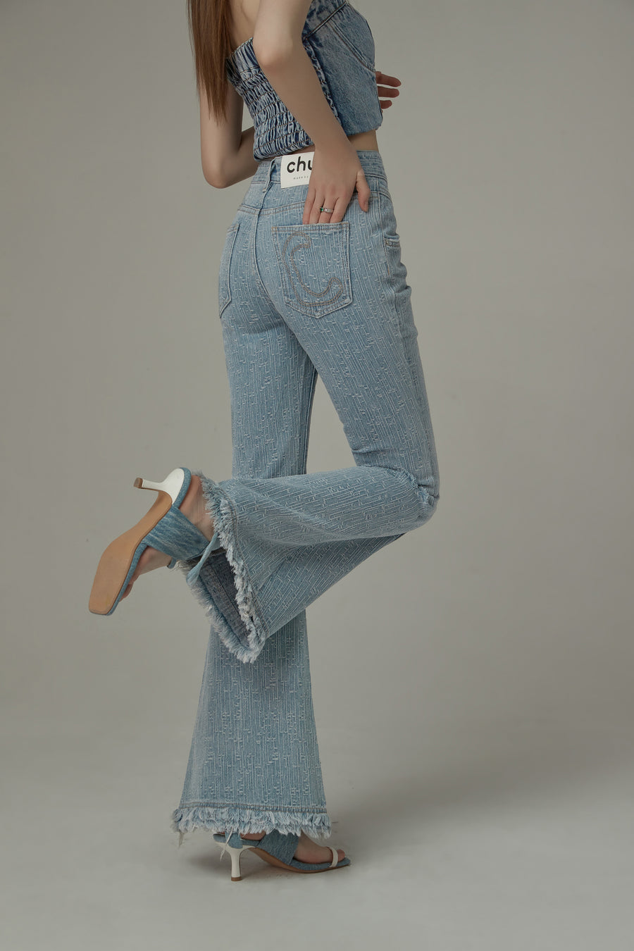 CHUU Fringed Ripped Bootcut Denim Jeans