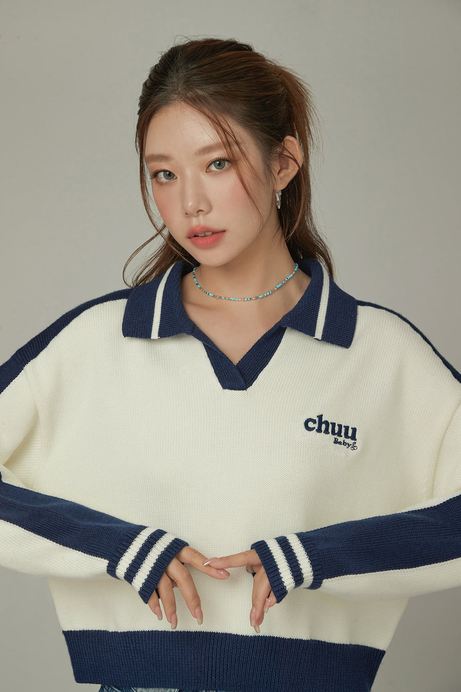 CHUU Open Collar Color Knit Sweater