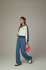 Logo Folded Waist Straight Denim Jeans