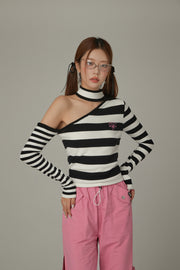 One Shoulder Choker Stripe Knit Top