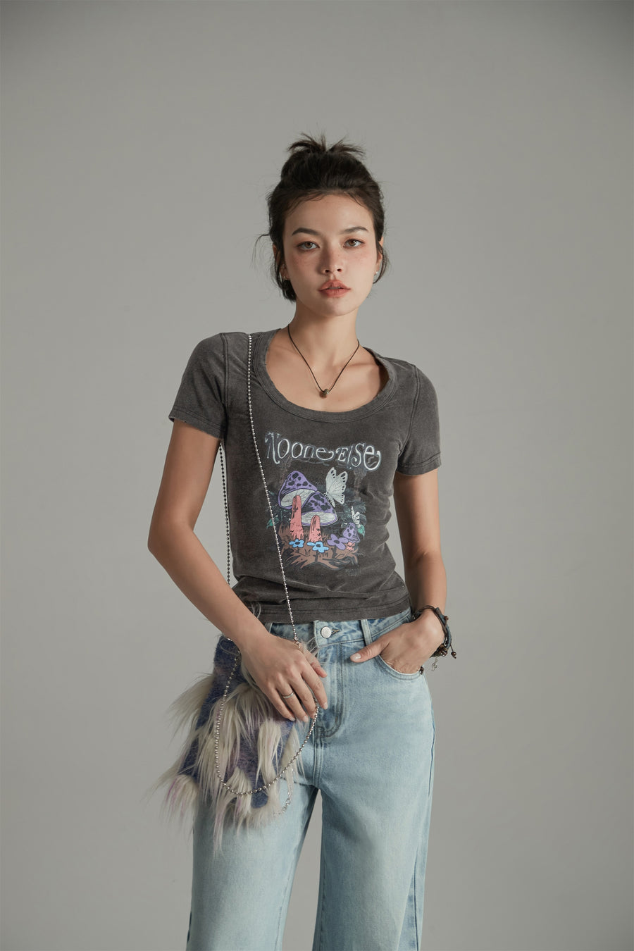 CHUU Printed Mushroom Vintage Slim T-Shirt