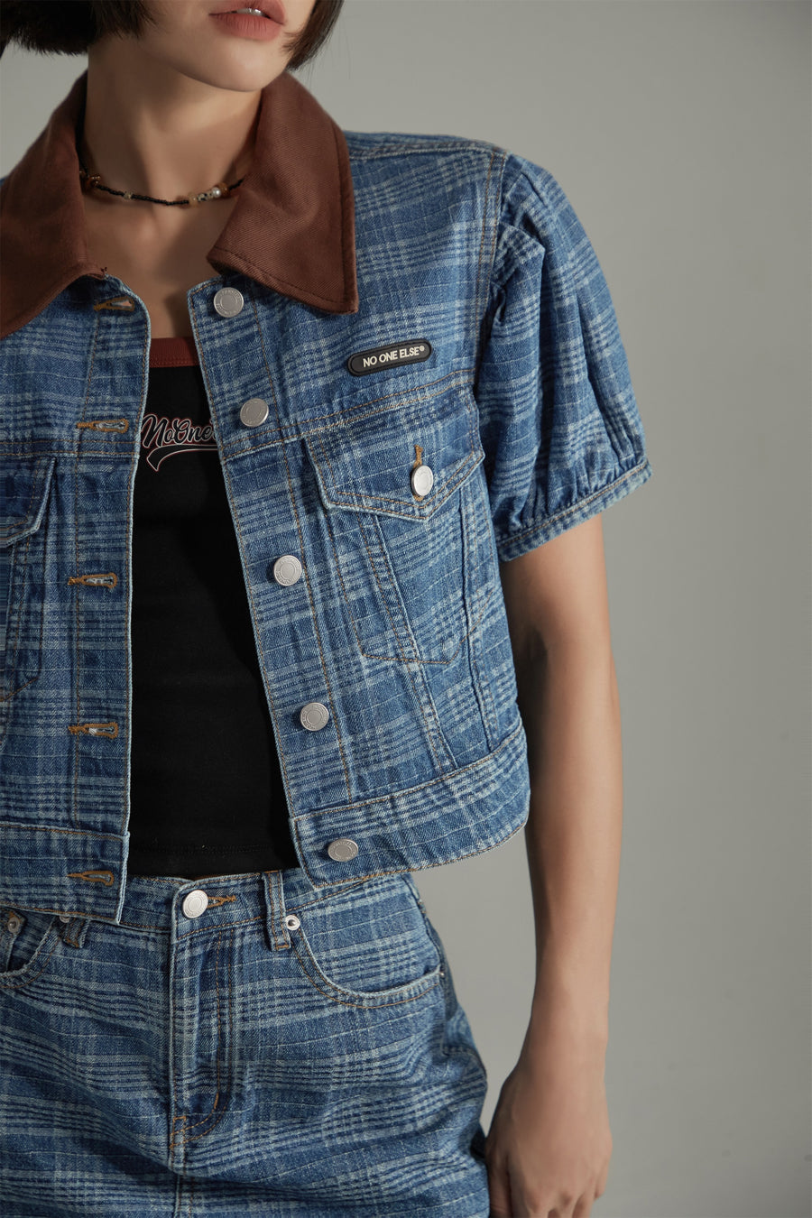 CHUU Vintage Check Puffy Short Sleeve Denim Jacket